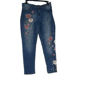 Floral Embroidered Skinny Jeans - Blue